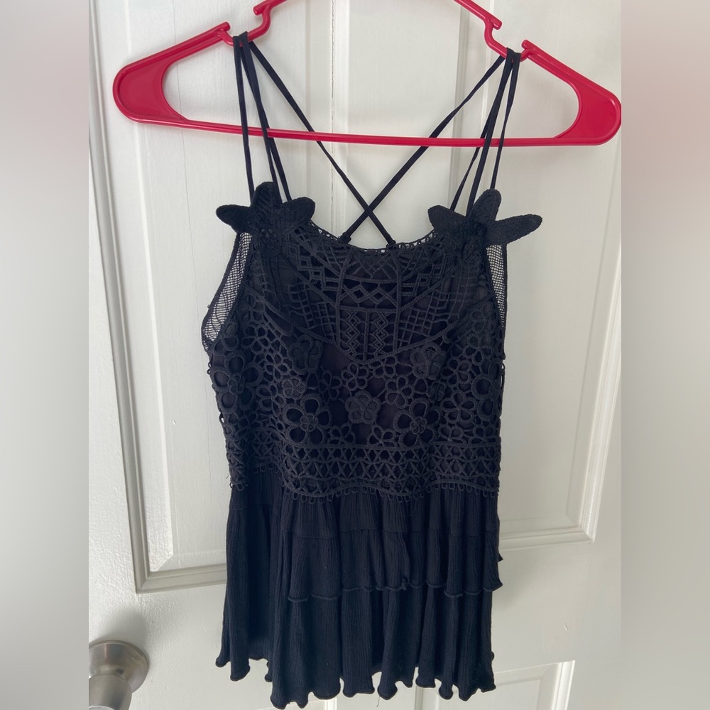 Chelsea & Violet Girls Black lace spaghetti, strap top.